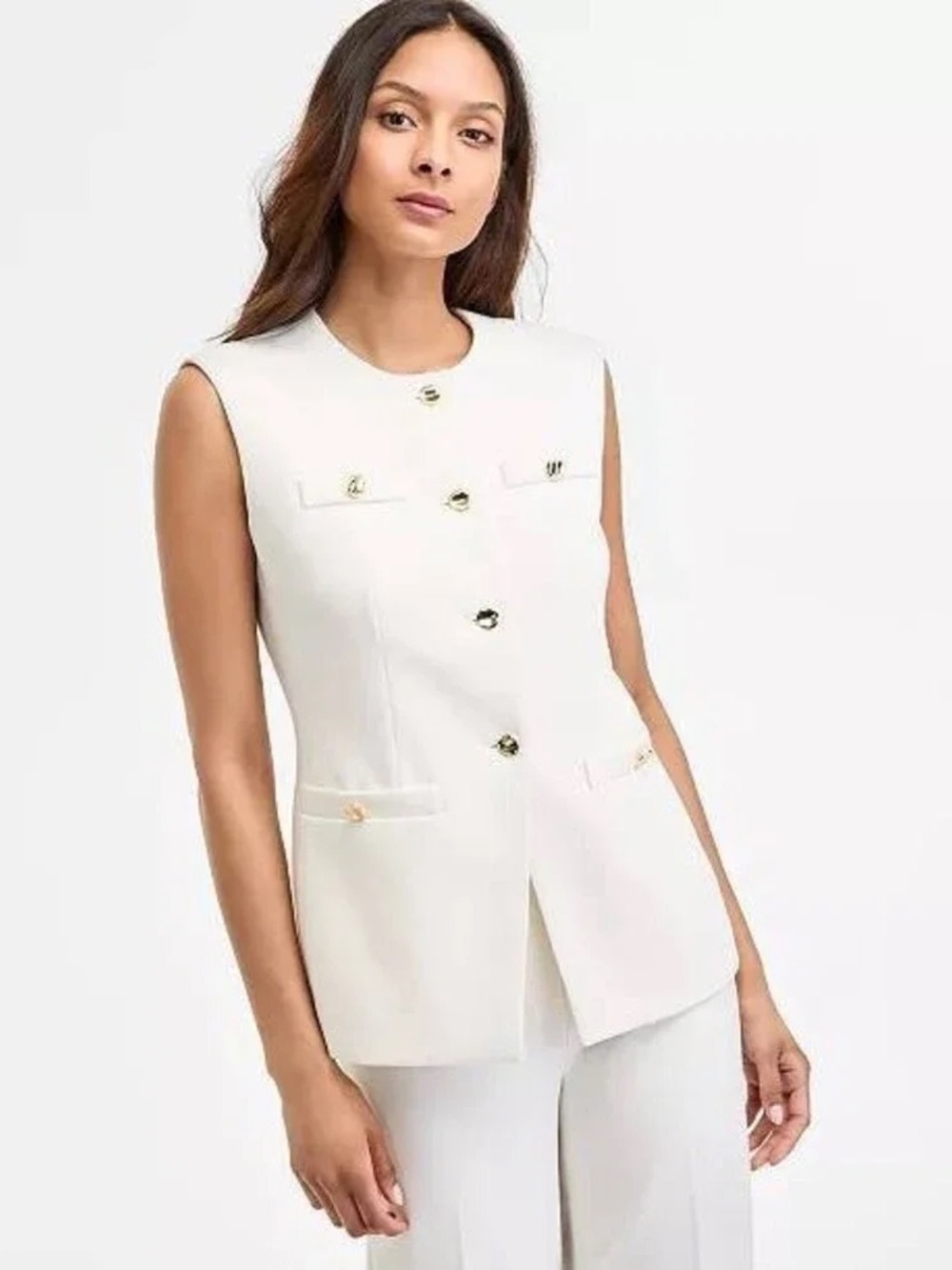 Anne Klein Sleeveless White Button-Front Vest